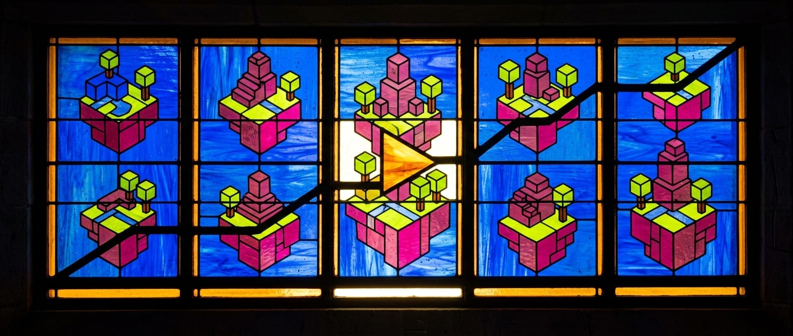 Backlit leaded glass window of nine blocky worlds with one lead line rising across them