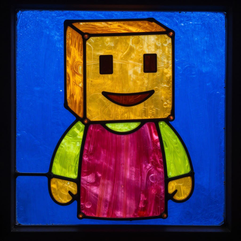 A blocky figure cut from stained glass
